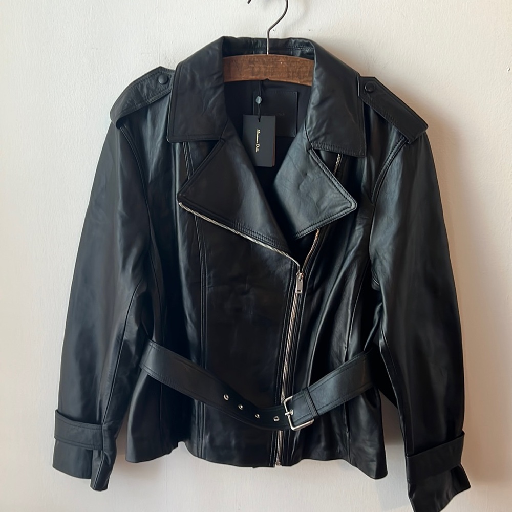Massimo Dutti NWT Nappa Leather Belted Biker Moto Jacket.  Size Small.